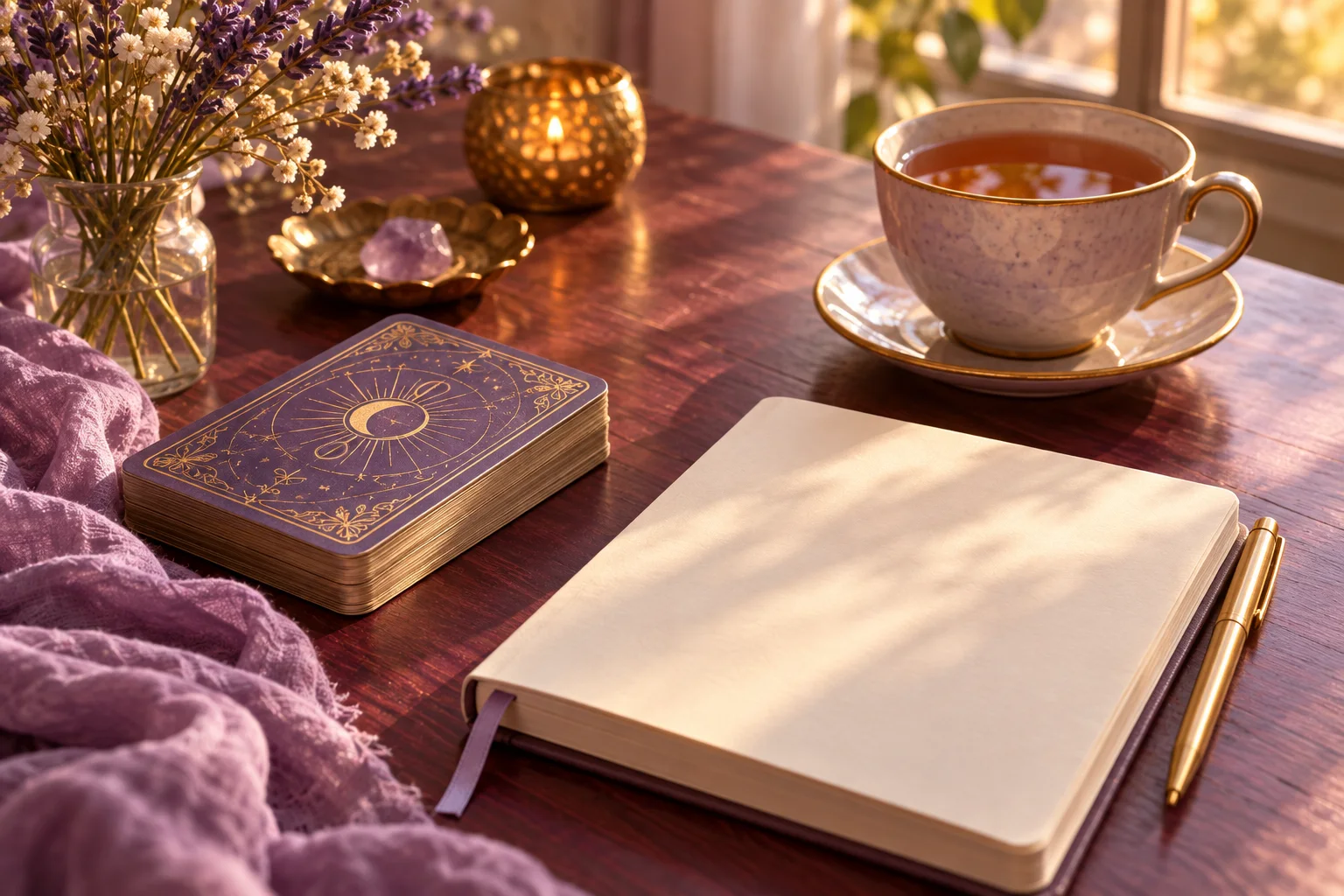 A closed tarot deck, blank journal and cup of tea in golden afternoon light