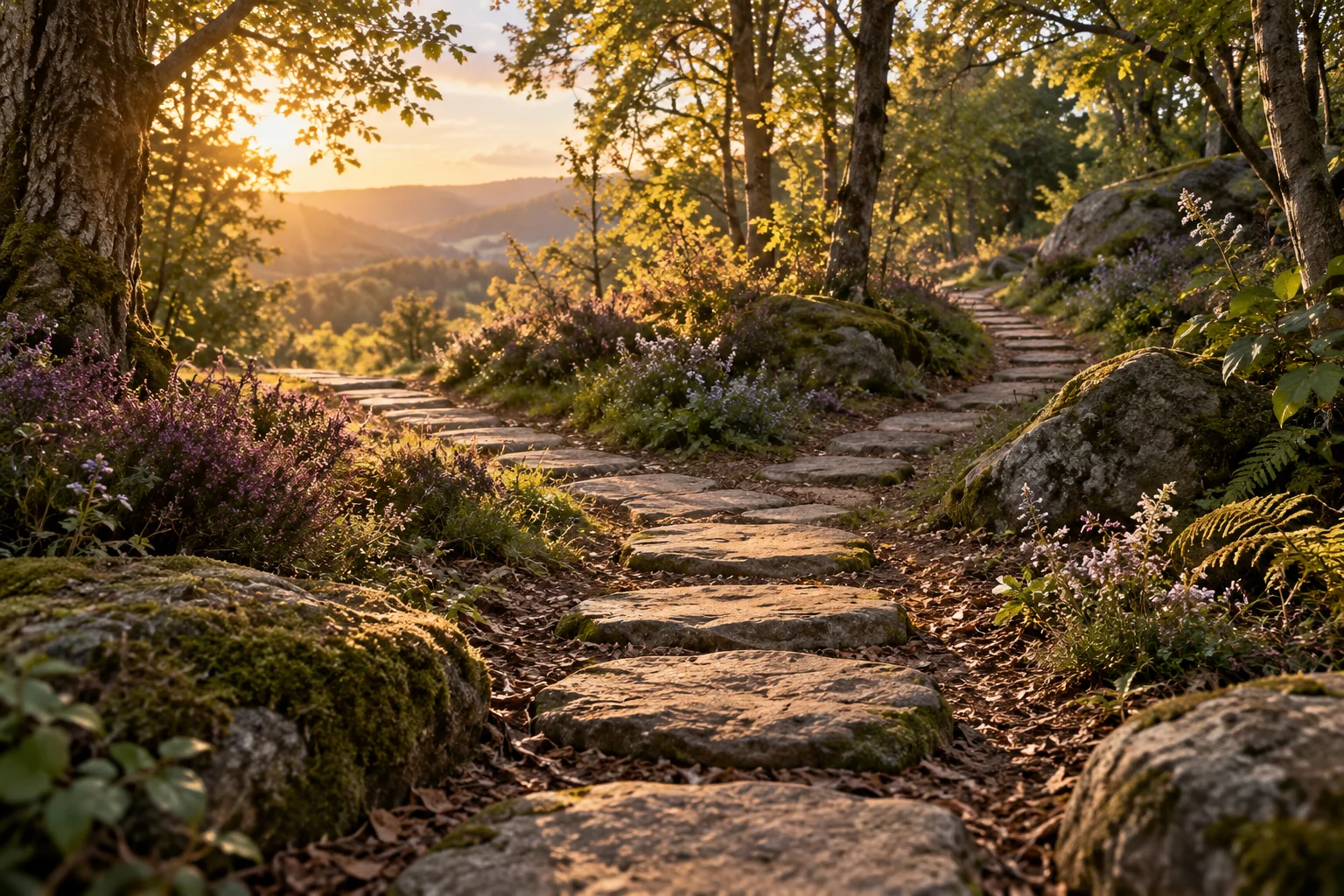 A quiet woodland path with a fork and soft golden afternoon light