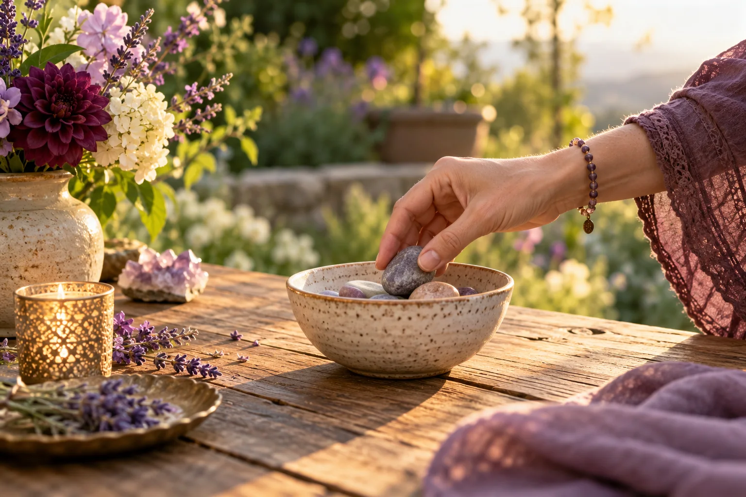 A hand placing a smooth stone in a ceramic bowl in soft garden light