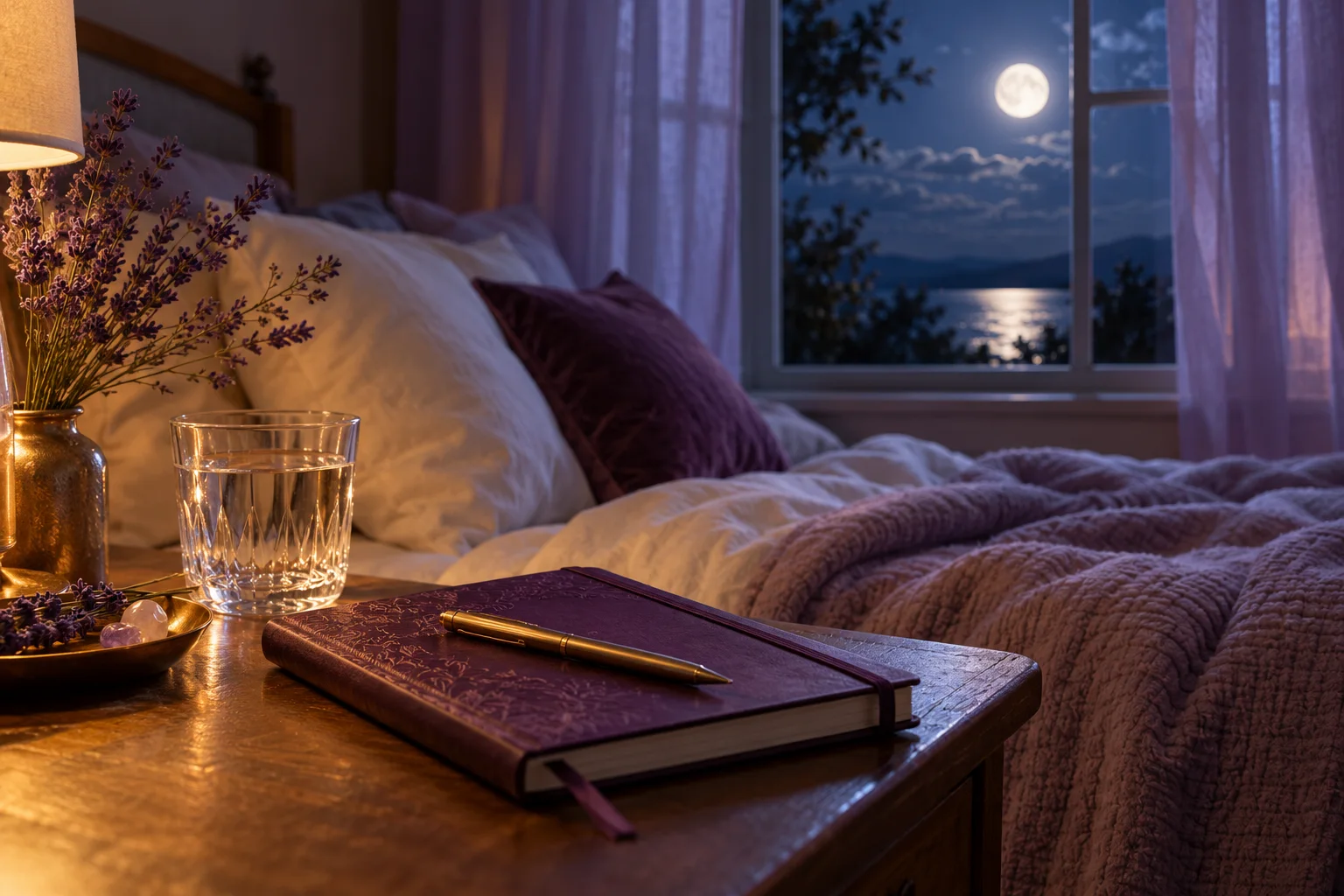 Dreaming that someone apologizes: what is the dream asking you? A bedside journal and glass of water beside a moonlit window