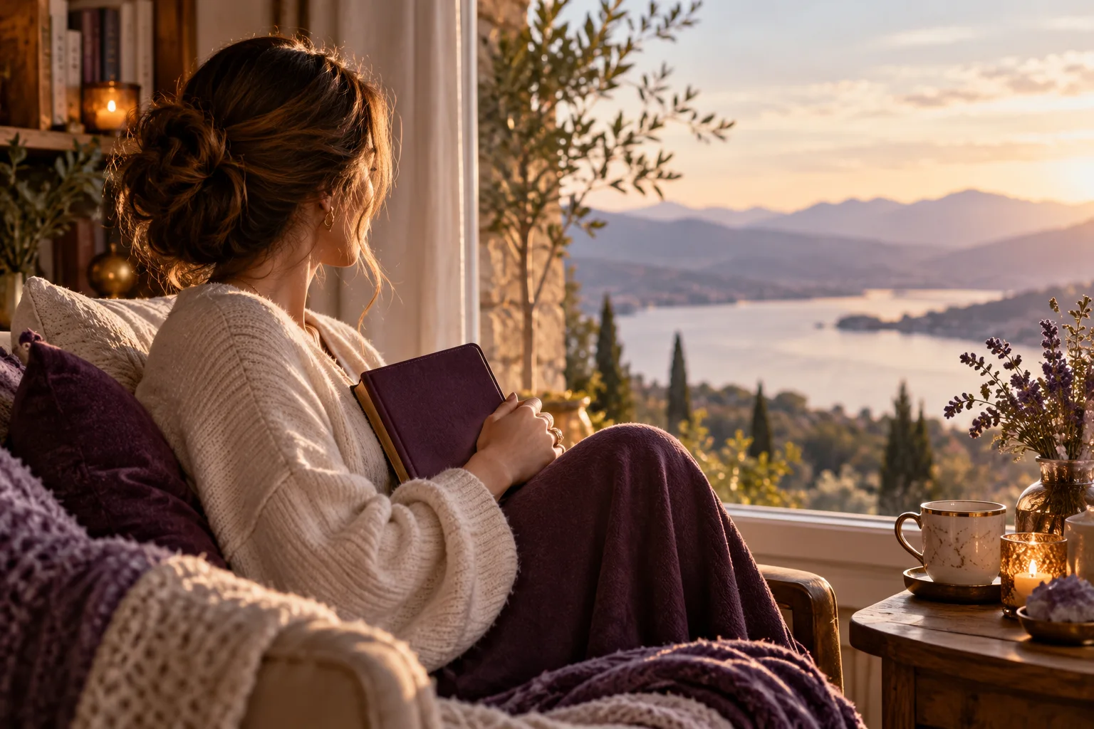Feeling calm after letting go: does it mean you stopped caring? A woman facing a softly lit window with a closed journal in her hands