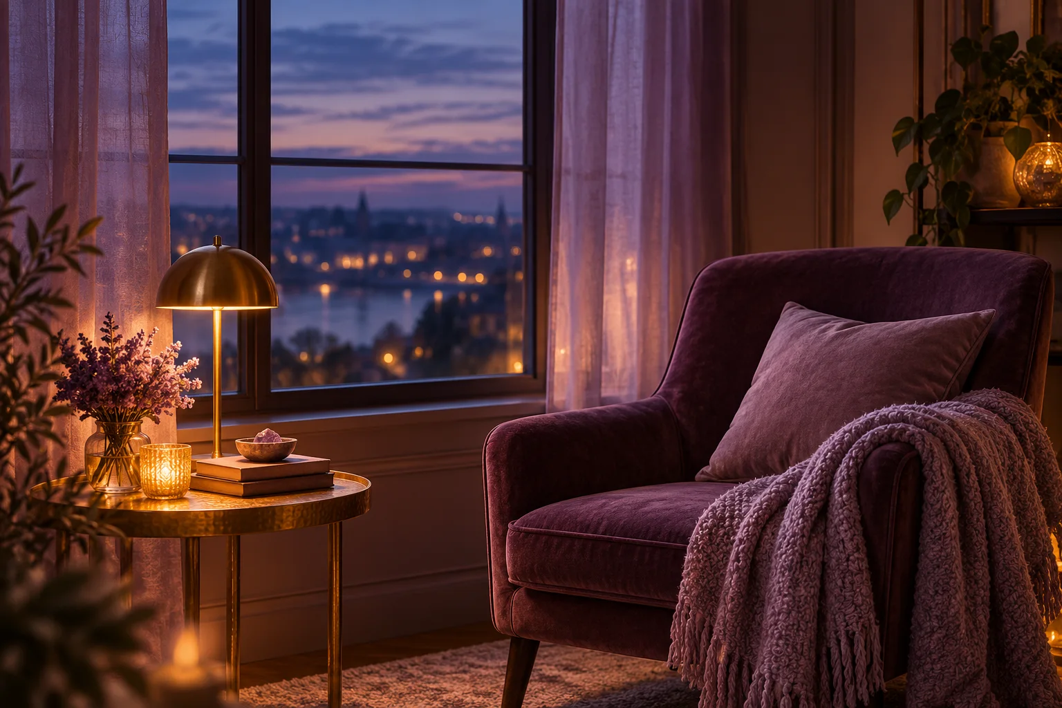 An empty chair beside a lavender curtain and a warmly lit window