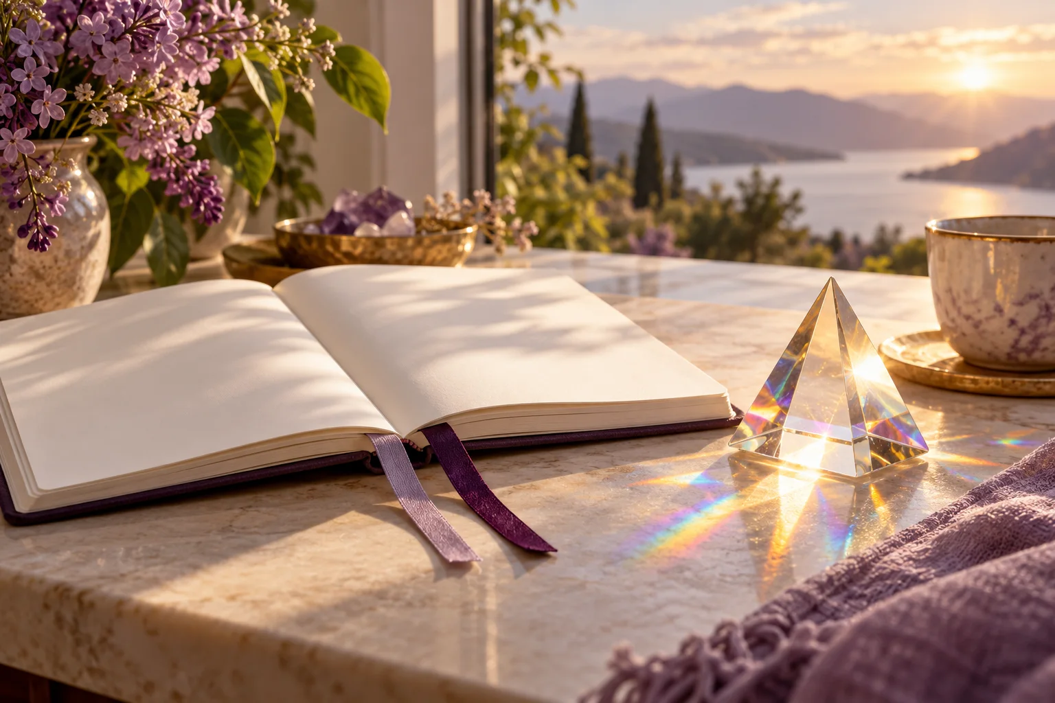 An intuition journal that leaves room to be wrong A blank notebook with two ribbon bookmarks beside a sunlit glass prism