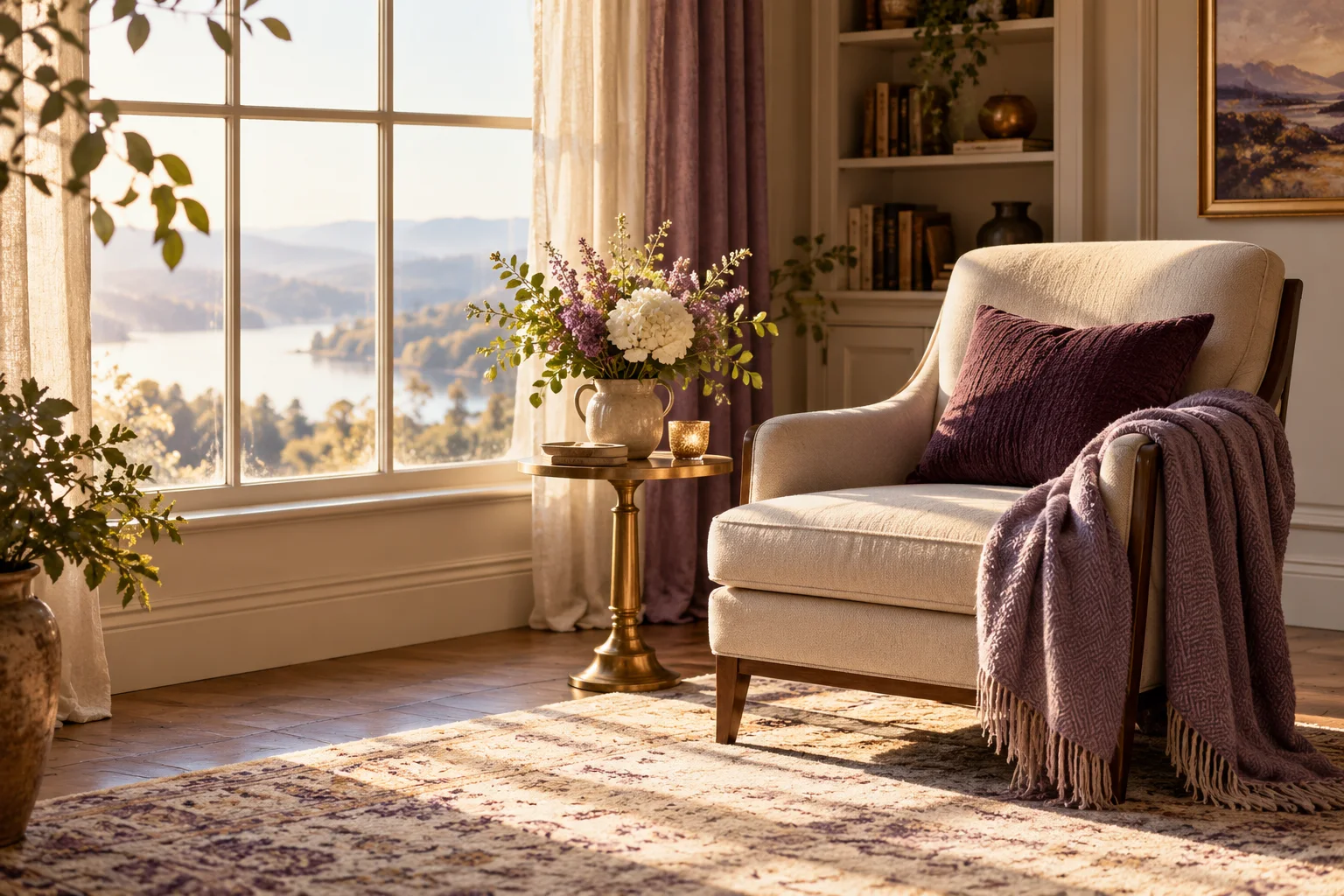 An empty chair and small bouquet in a warmly lit morning room