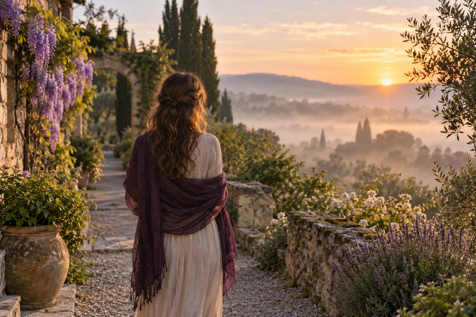 A quiet garden path at dawn with lavender mist and warm light