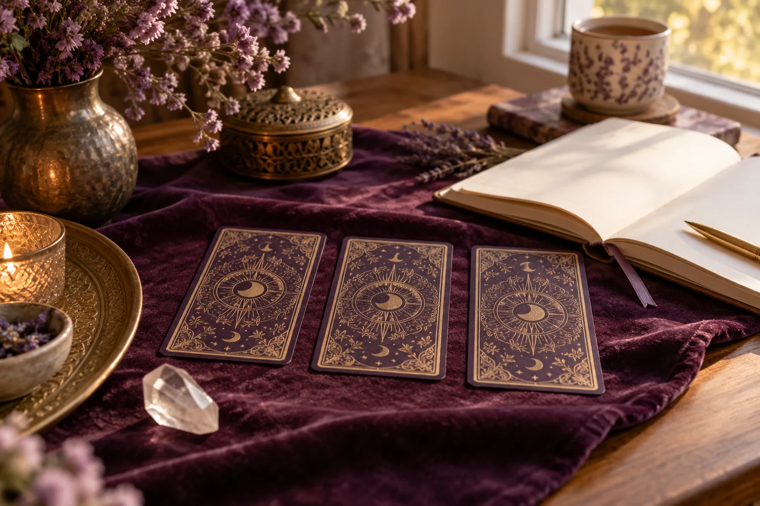 Three face-down tarot cards beside a clear crystal and a blank notebook