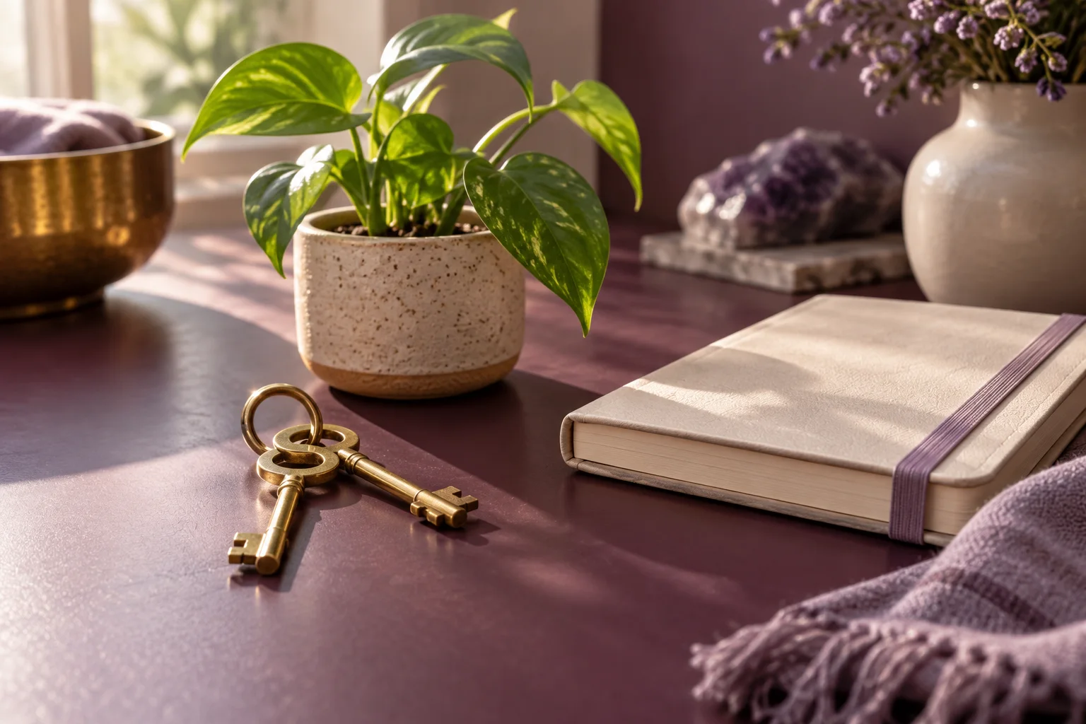Trusting a connection: the ordinary actions that matter Two simple gold keys beside a growing plant and a cream notebook