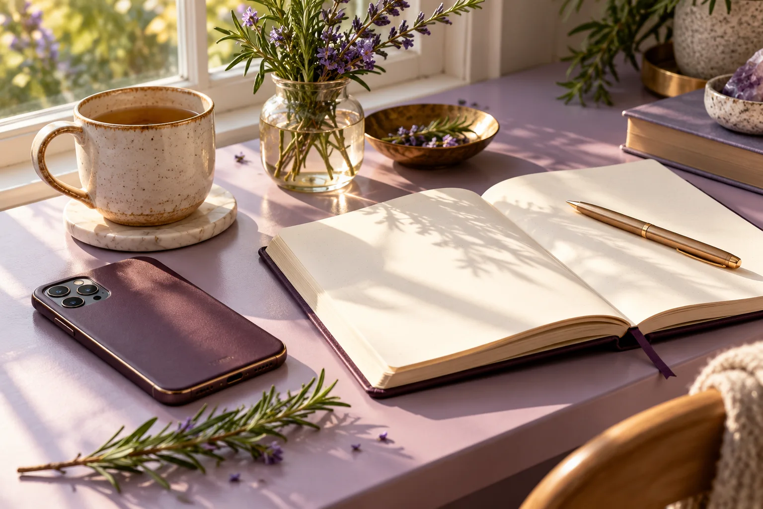 A phone face down beside an open journal on a lavender desk