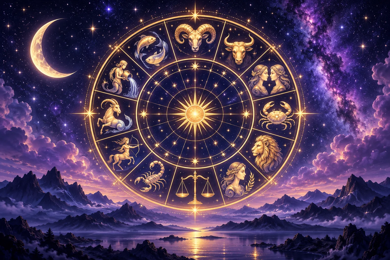 Symbolic golden zodiac wheel above a violet night sky with a crescent moon