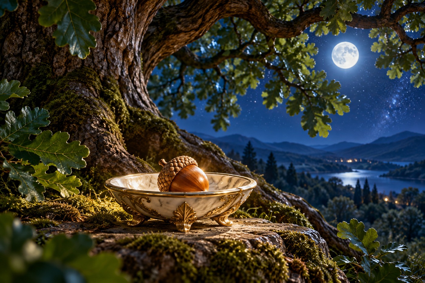 A single acorn in a white-gold dish beneath an ancient moonlit oak