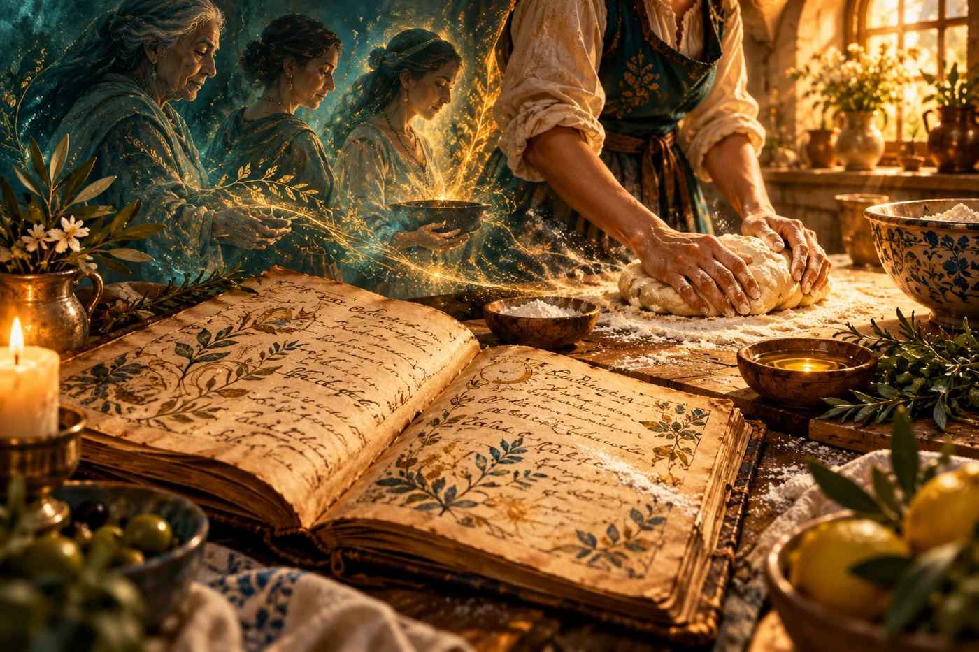 Symbolic hands prepare dough beside an old recipe book and softly suggested ancestral silhouettes.