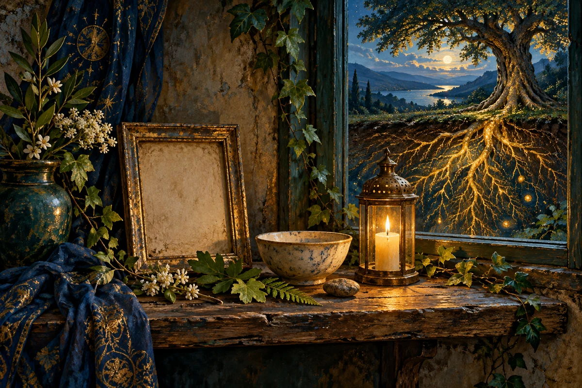 Symbolic ancestral remembrance shelf with an empty frame, bowl, leaves and enclosed candle.