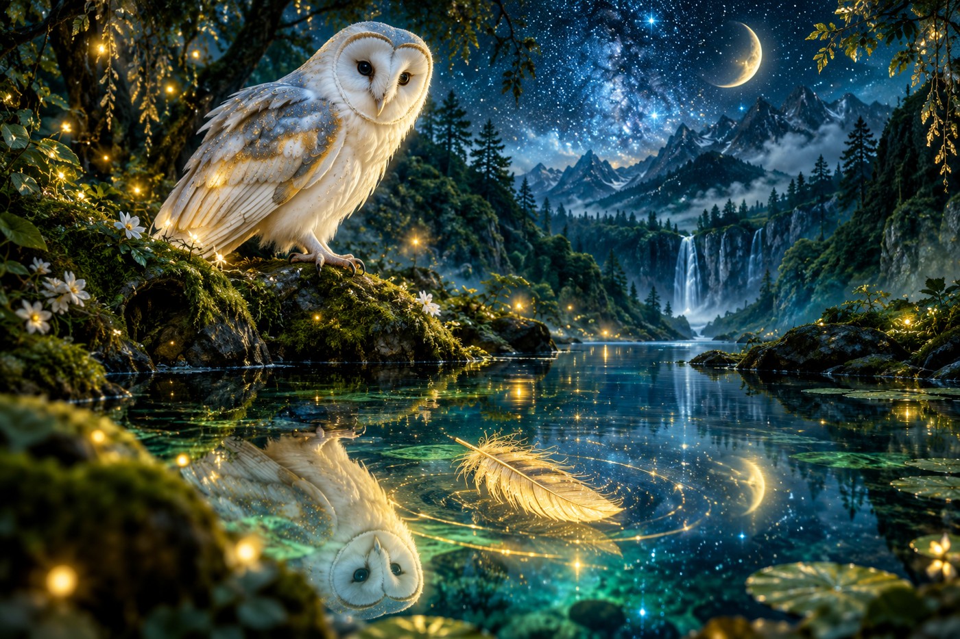 A luminous white owl above a forest pool reflecting a golden feather