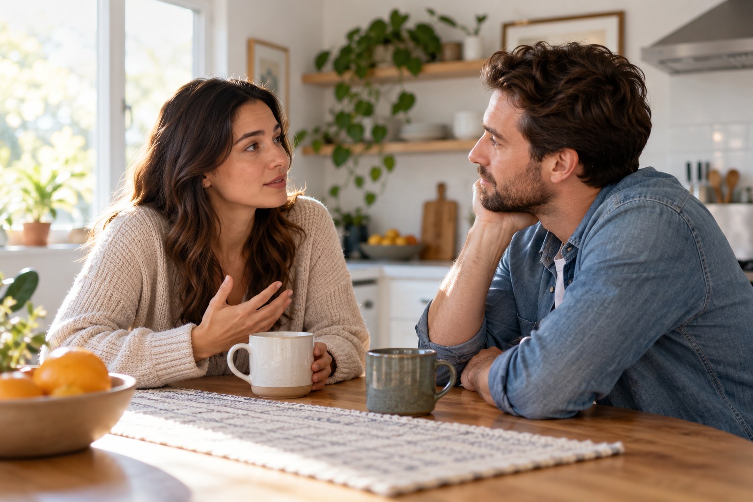 adult couple having a calm honest reassurance conversation at a kitchen table