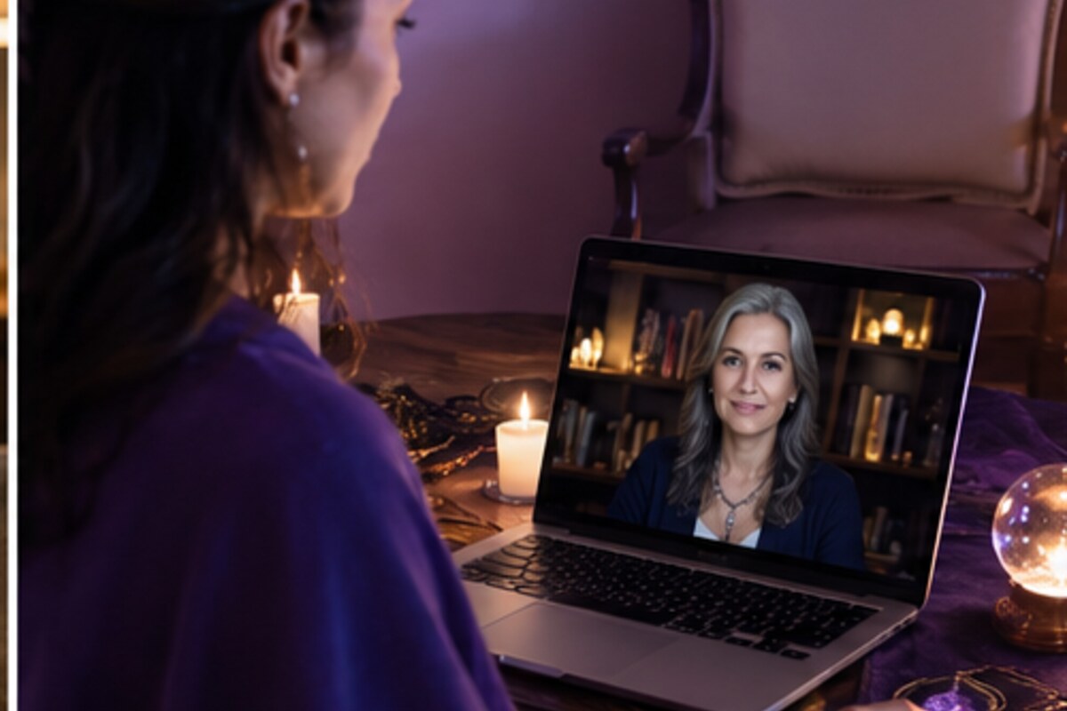An online psychic reading with an empty chair symbolizing someone who is not present