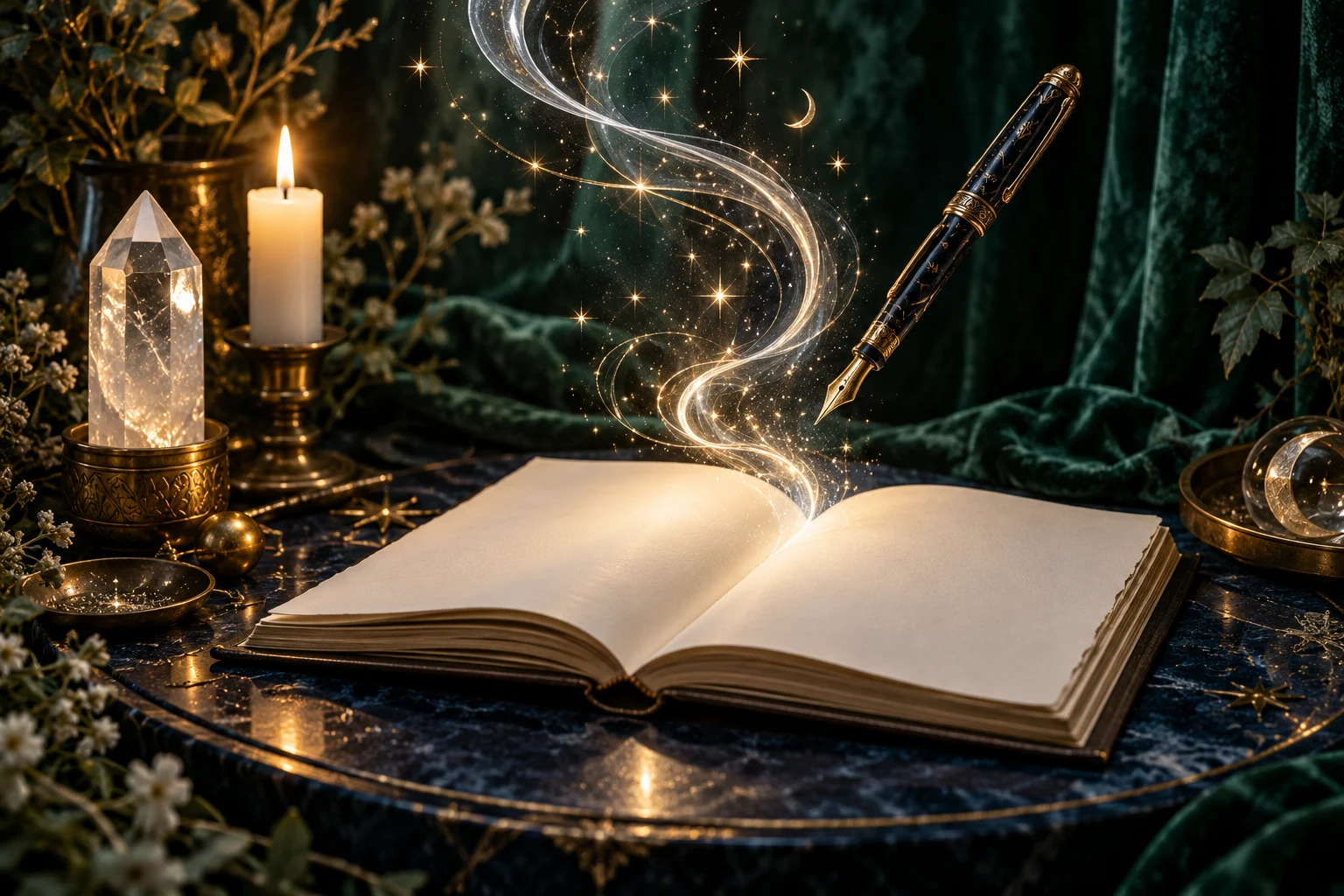 Blank journal, fountain pen, white candle and quartz surrounded by symbolic silver and gold currents.
