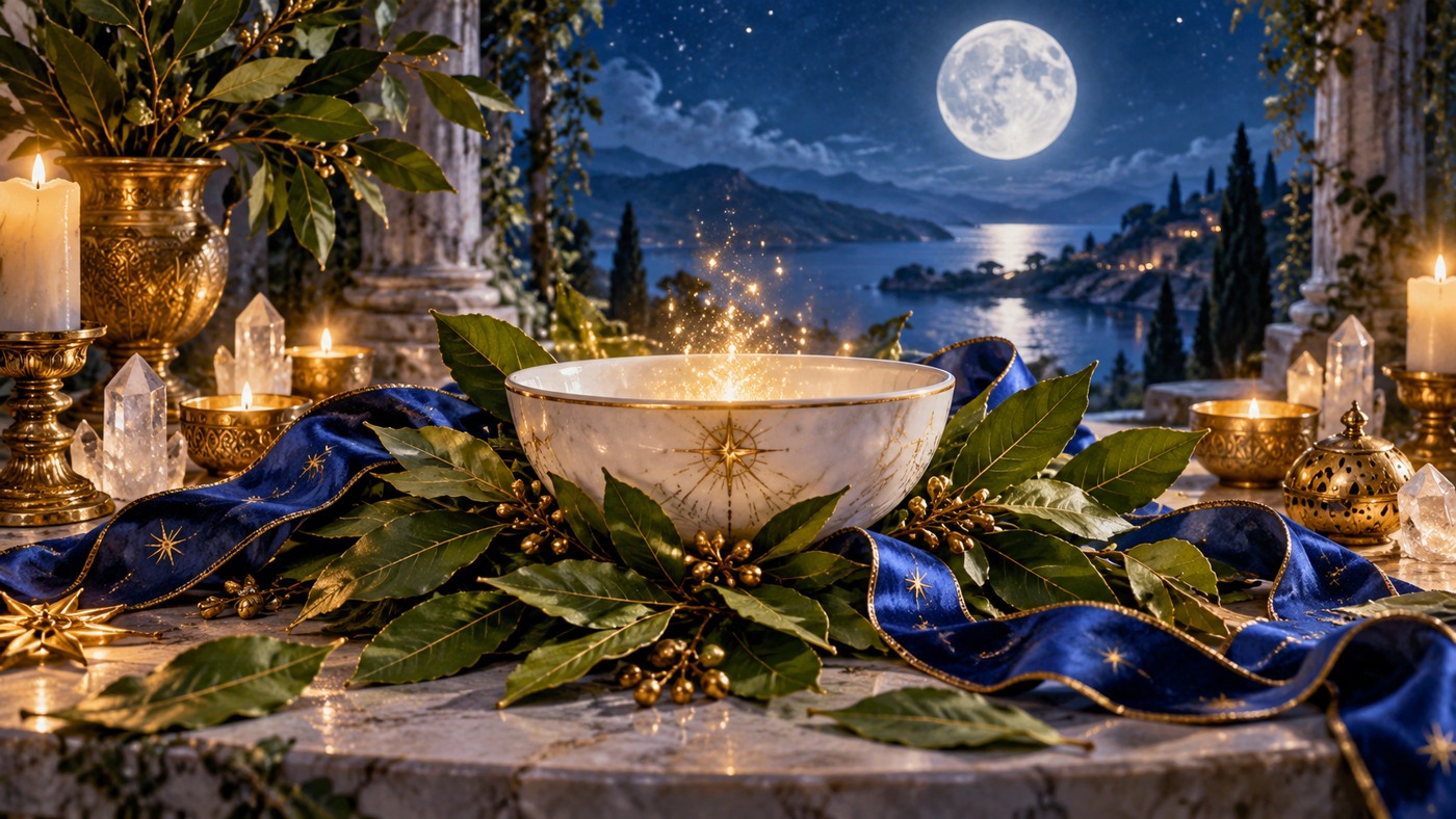 Green bay leaves around a white bowl, blue ribbon and golden starlight on a sacred altar