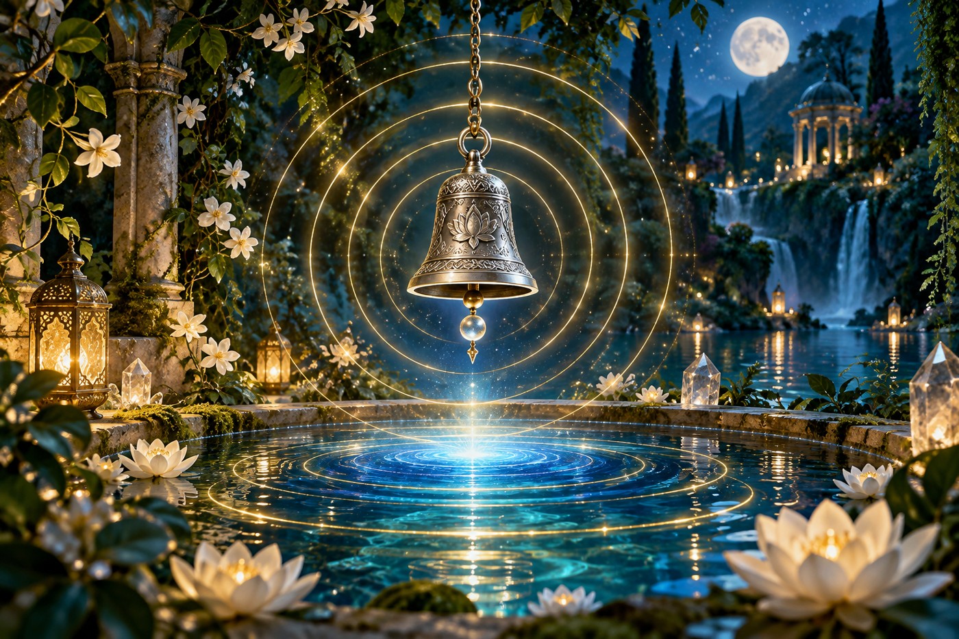 A silver bell above a blue pool with golden rings of symbolic sound