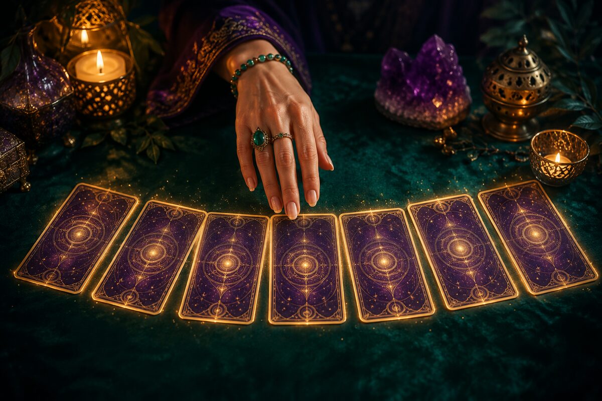 Seven face-down cards arranged in an arc while a hand pauses above them
