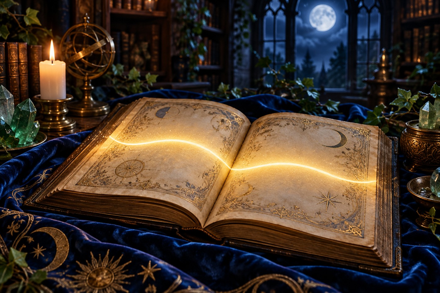 An open antique book crossed by a ribbon of golden light in a moonlit library