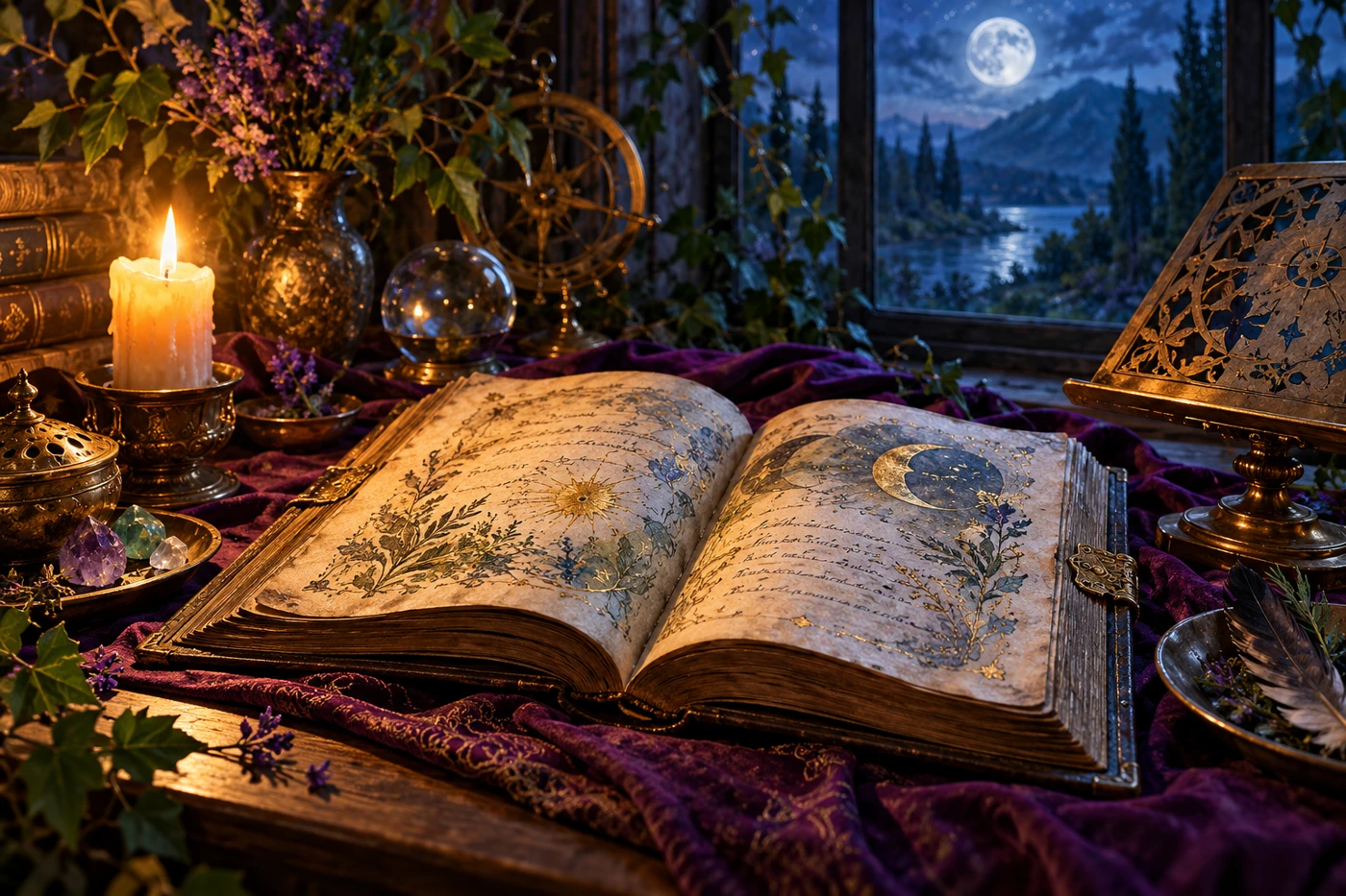 An open symbolic book with illegible writing rests on plum cloth beside a candle and brass stand.