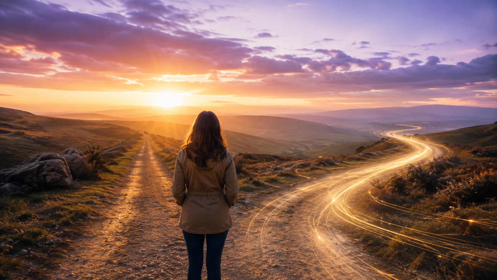 A person standing at two sunrise paths representing psychic prediction, guidance and free will