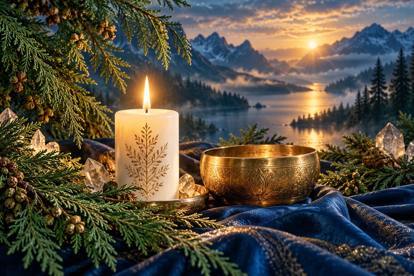 Fresh cedar branches framing a white candle and golden bowl on blue cloth