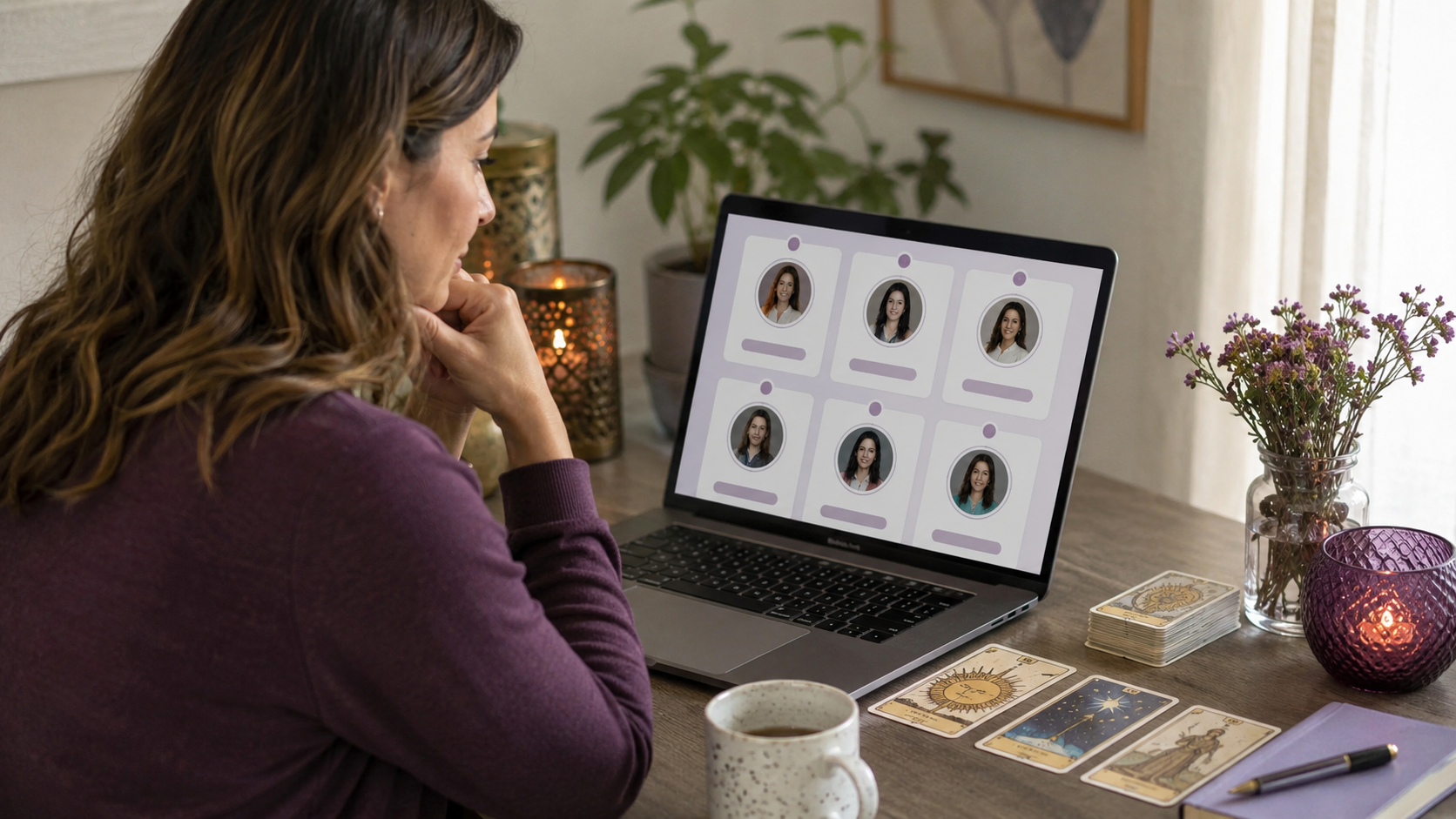 Woman comparing several online psychic advisor profiles on a laptop