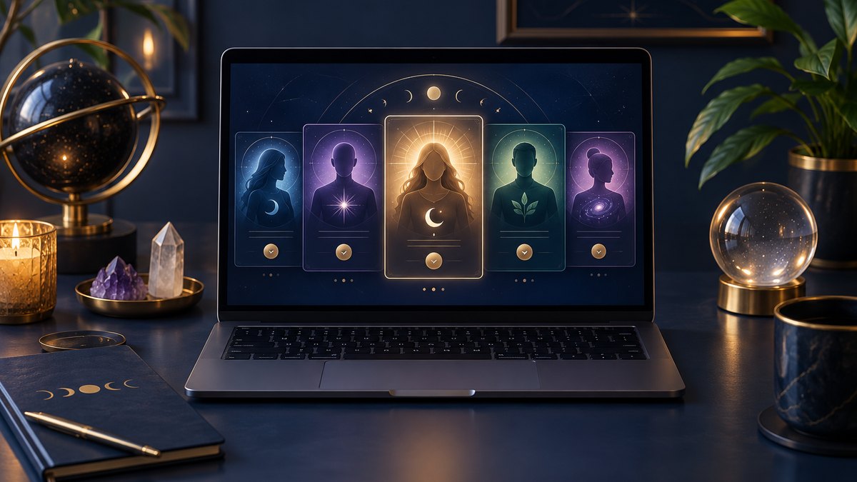 Laptop showing abstract psychic advisor profiles on a dark blue and gold desk