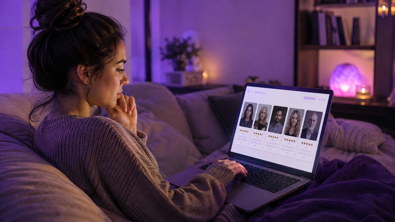 A customer compares several online psychic advisor profiles on a laptop
