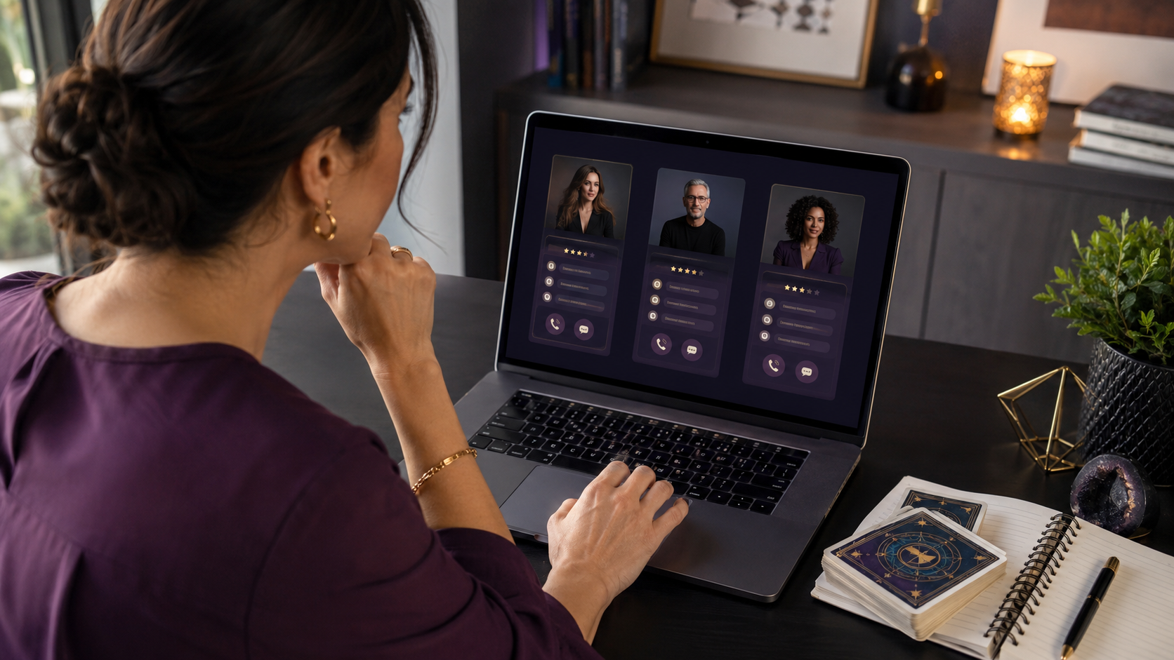 Woman comparing three online psychic advisor profiles on a laptop beside a notebook and tarot cards
