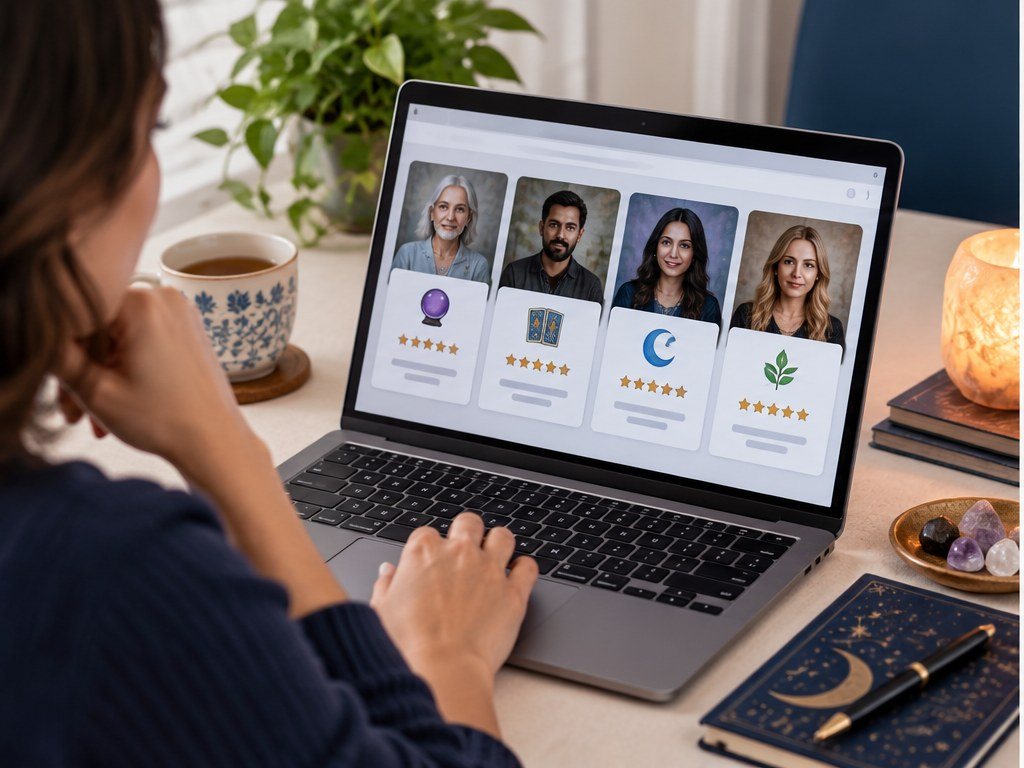 A consumer comparing psychic advisor profiles carefully on a laptop
