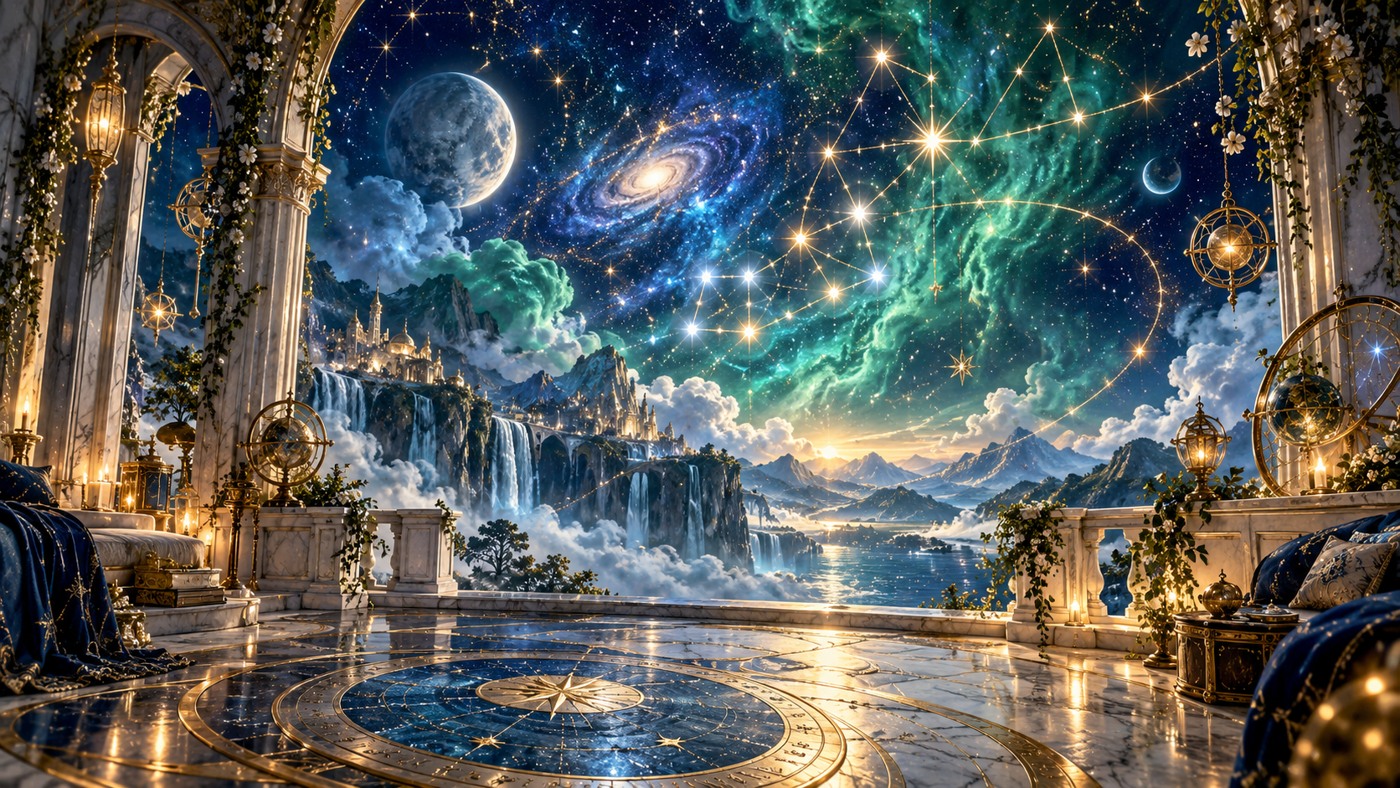 Golden constellation patterns above a blue and emerald celestial observatory