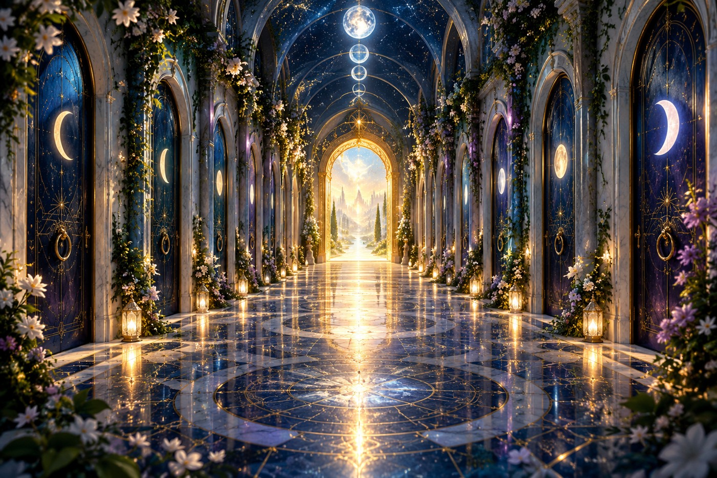 A long mystical corridor with moonlit doors and one glowing archway