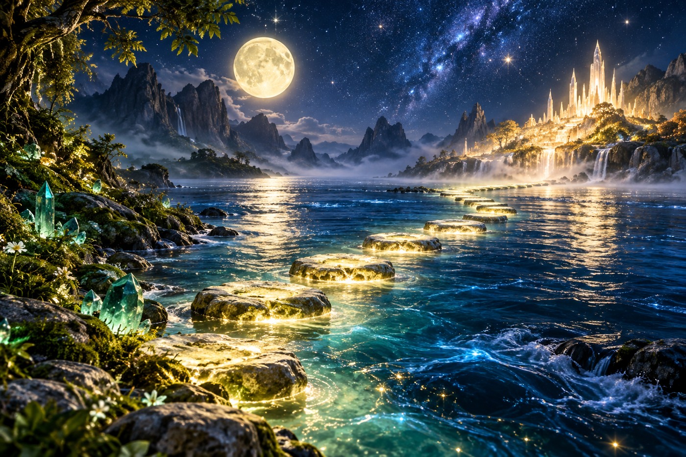 Luminous stepping stones crossing a deep blue dream river toward a golden shore