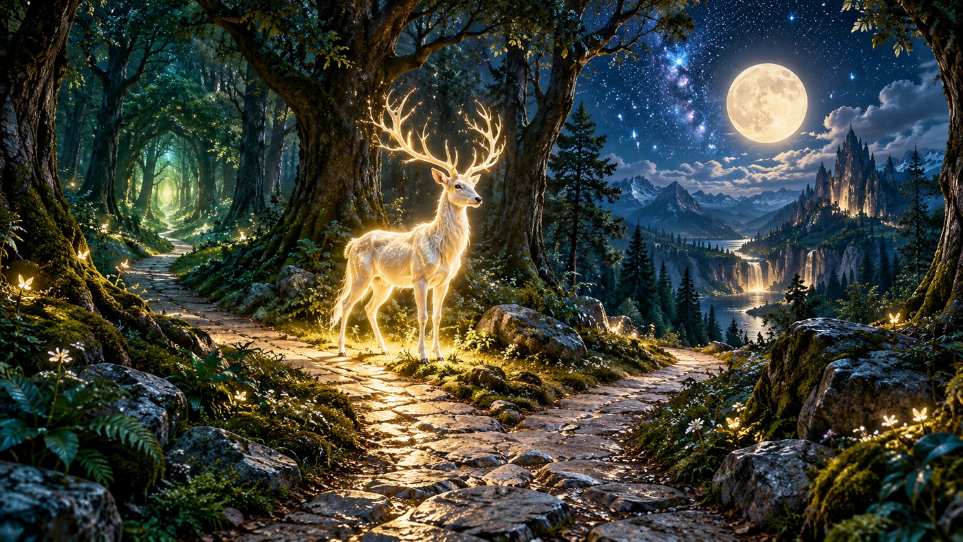 A luminous deer standing at a moonlit forest crossroads beneath silver stars and emerald trees