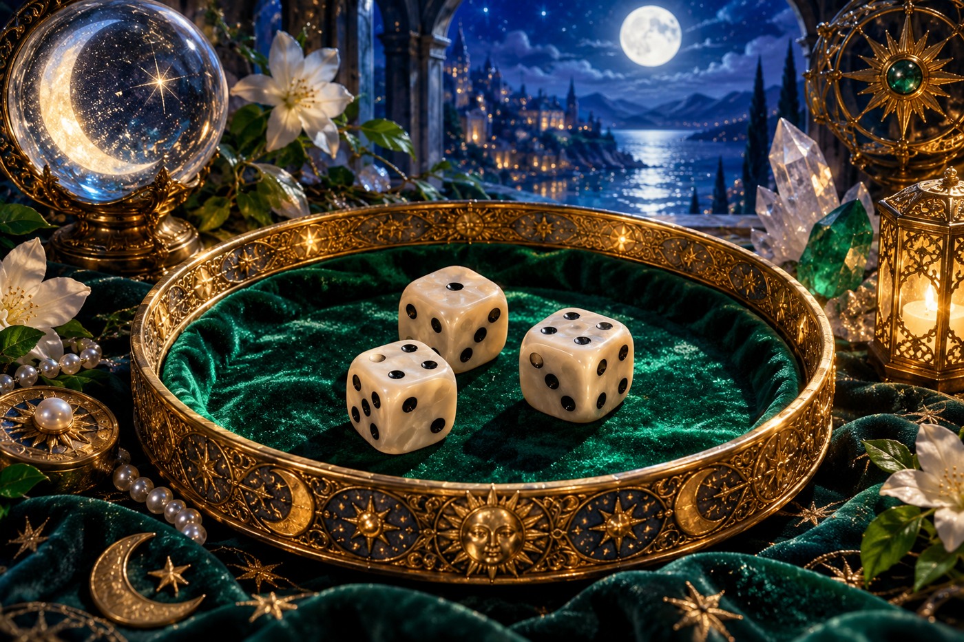 Three ivory dice in a golden tray on emerald velvet under moonlight