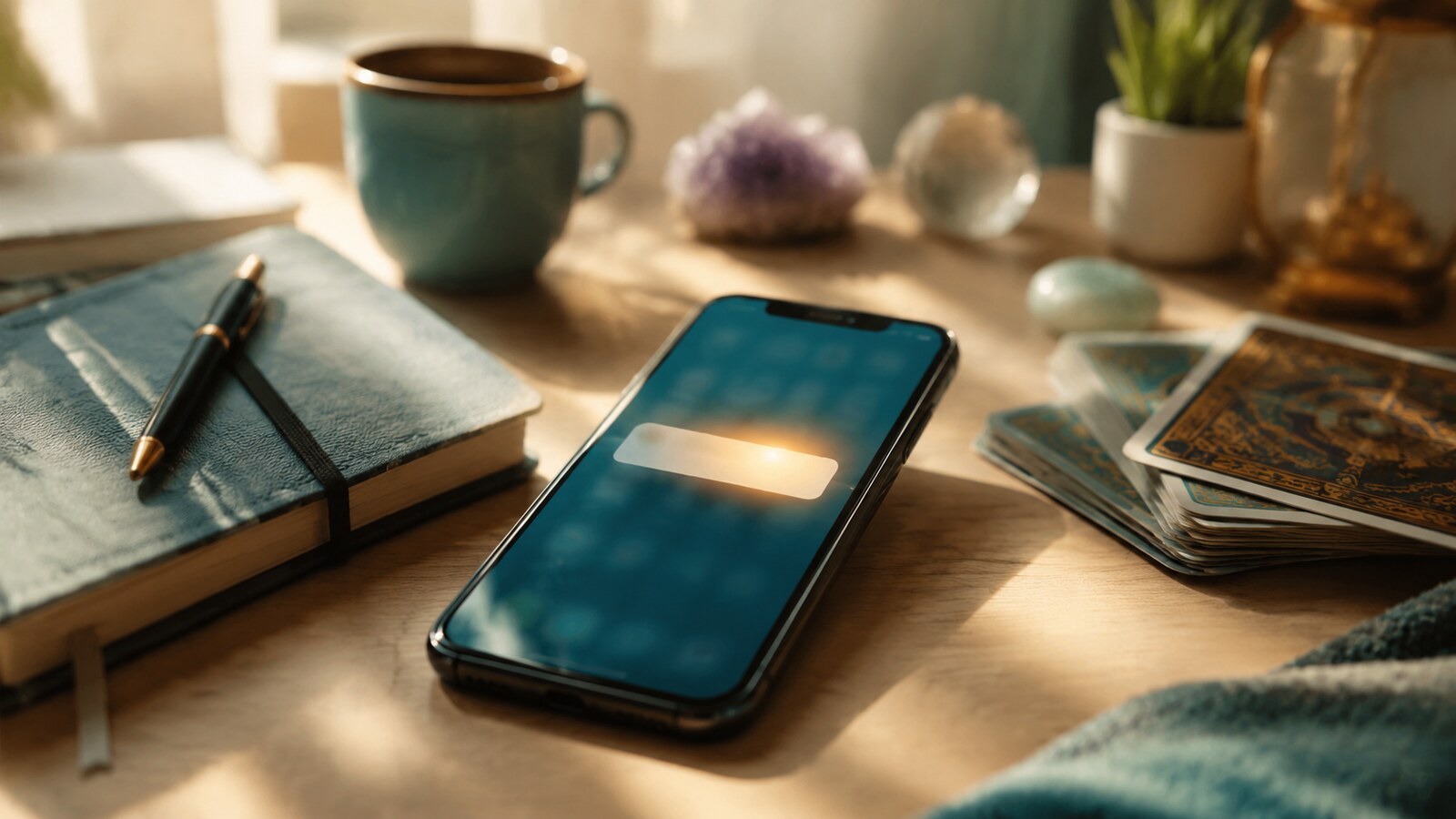 A smartphone with a softly glowing notification beside a notebook and tarot cards