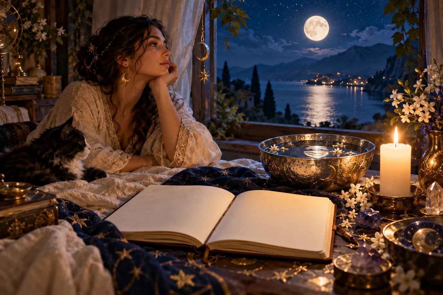 Blank dream notebook, moonlit bowl and white candle on an indigo altar cloth.