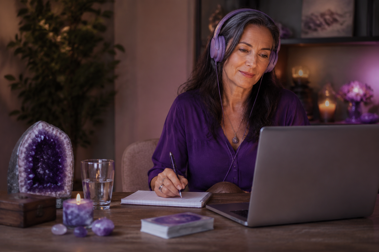 Woman taking notes during a private online psychic session beside an amethyst crystal