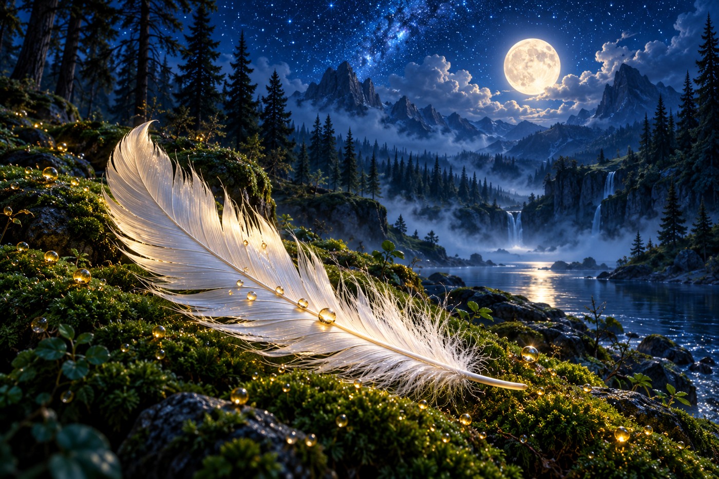 A luminous white feather on emerald moss beneath a cobalt forest sky