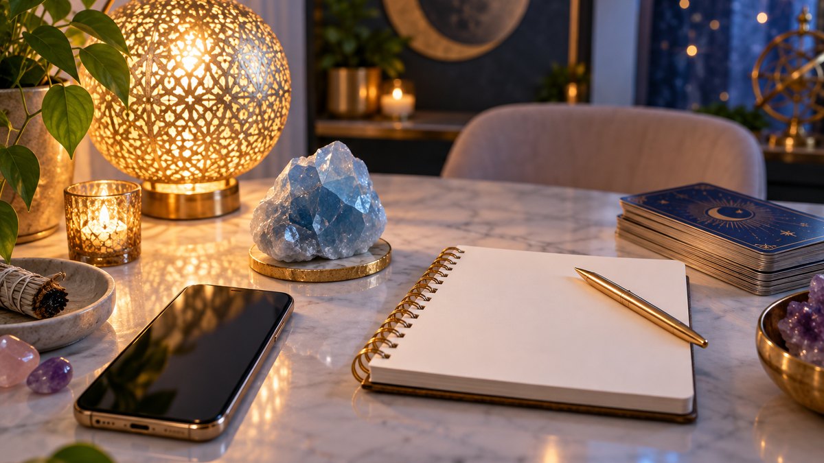 Phone and blank notebook beside blue crystal and gold lamp