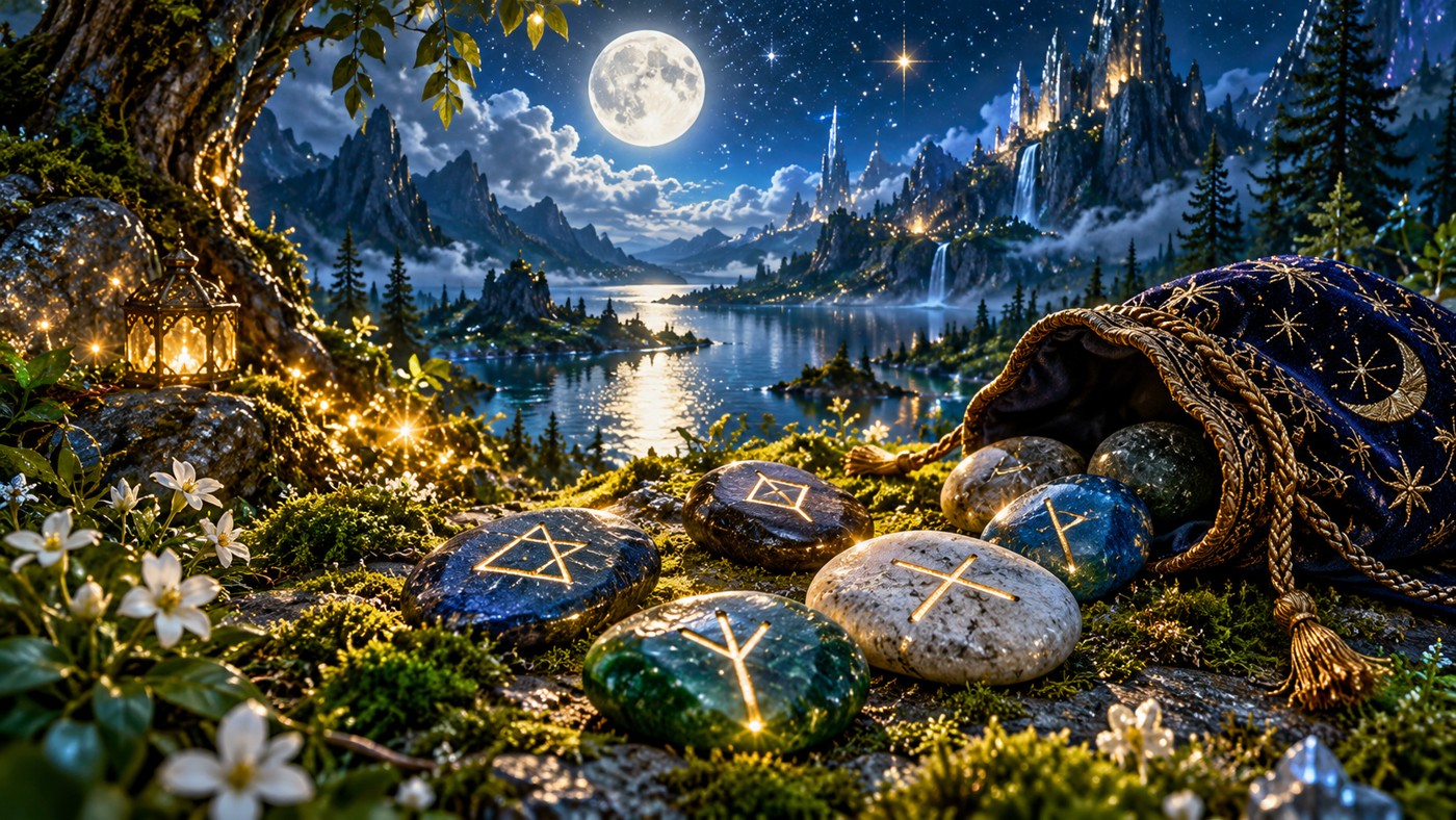 Rune-like marked stones beside a cloth pouch in a moonlit mossy clearing