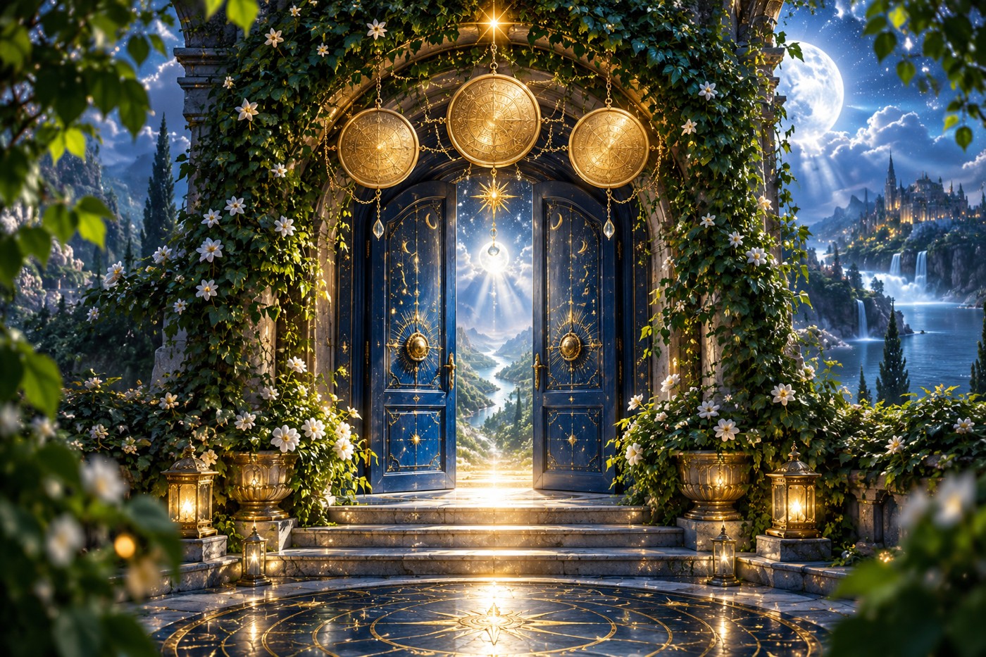 A mystical blue doorway framed by ivy and three blank golden medallions