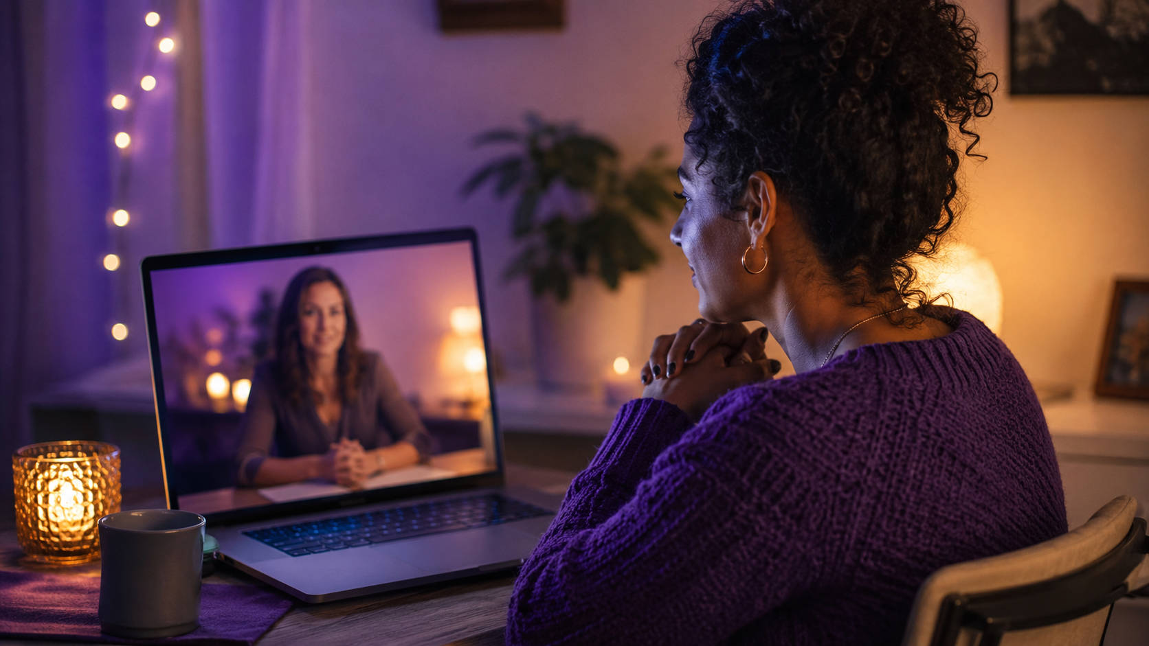 A client having a calm and private online psychic reading with an advisor on a laptop