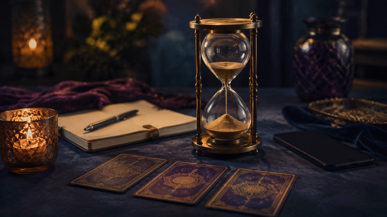 An hourglass beside face-down tarot cards, a candle, blank notebook and smartphone