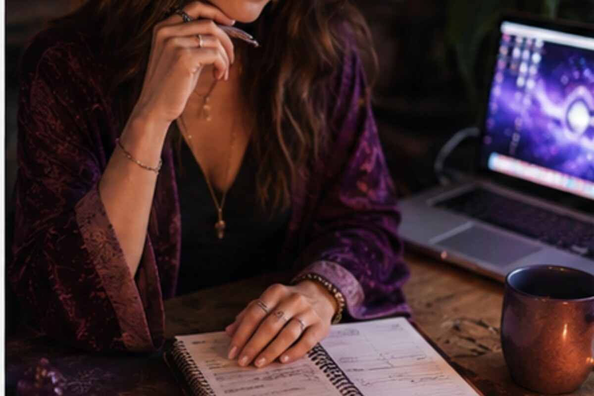 A woman reviewing a calendar and journal before scheduling another psychic reading