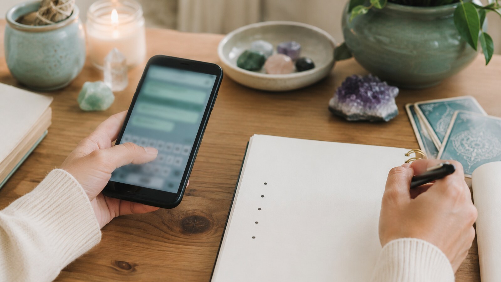 Hands holding a smartphone beside a notebook with simple blank bullet points on a spiritual reading desk