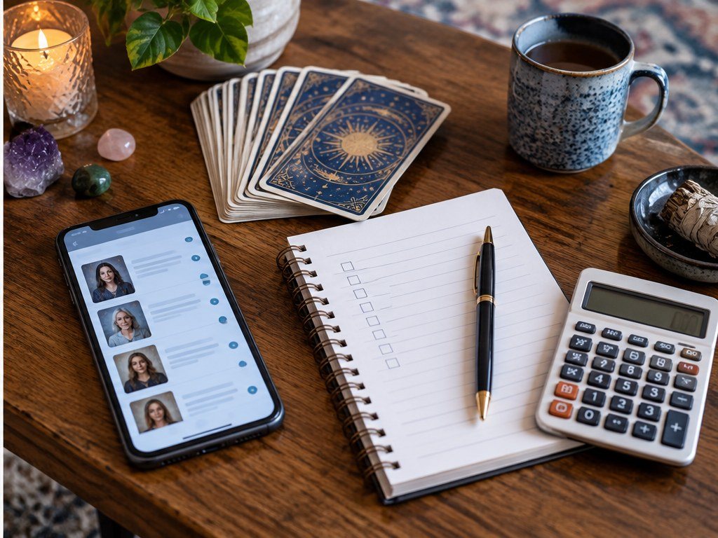 A telephone, tarot deck, notepad and calculator prepared for setting a psychic reading budget