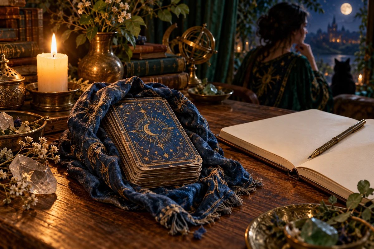 Symbolic worn tarot deck wrapped in blue silk beside a blank notebook and candle; no historical deck is depicted.
